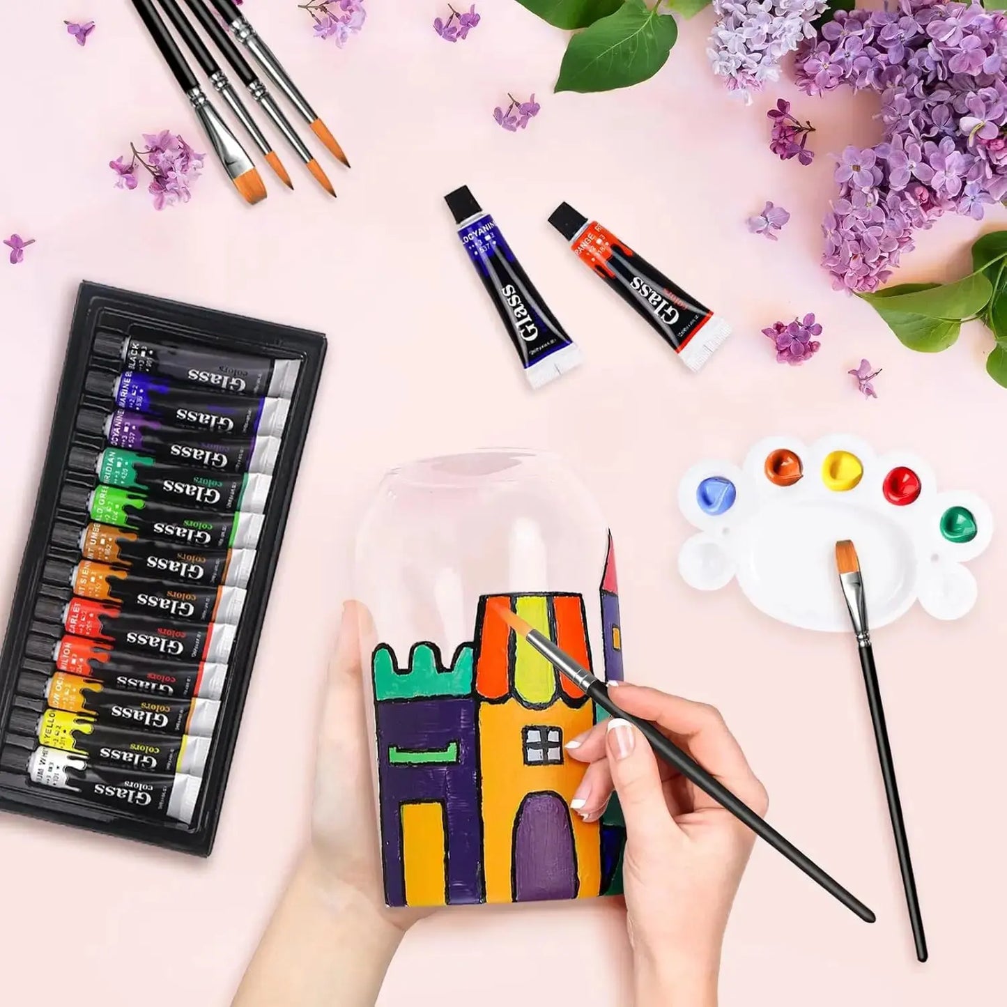 Acrylic Glass Paint Set with 6 Brushes, 1 Palette, 12/24 Colors 12ml,Stain Glass Paints for Wine Glass, Waterproof Acrylic Paint Trikidsworld