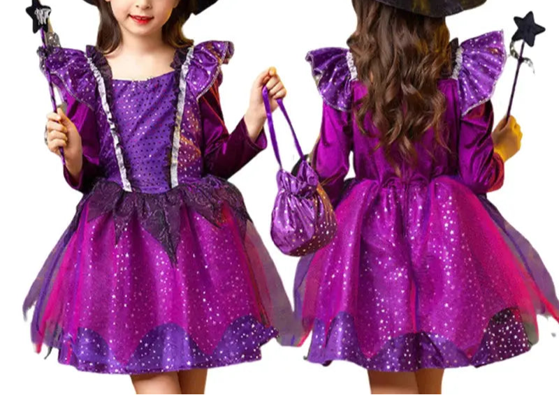 Girls Witch Halloween Cosplay Costume With Hat Magic Wand Candy Bag Kids Children Dress Girl Carnival Party Performance Clothes Trikidsworld