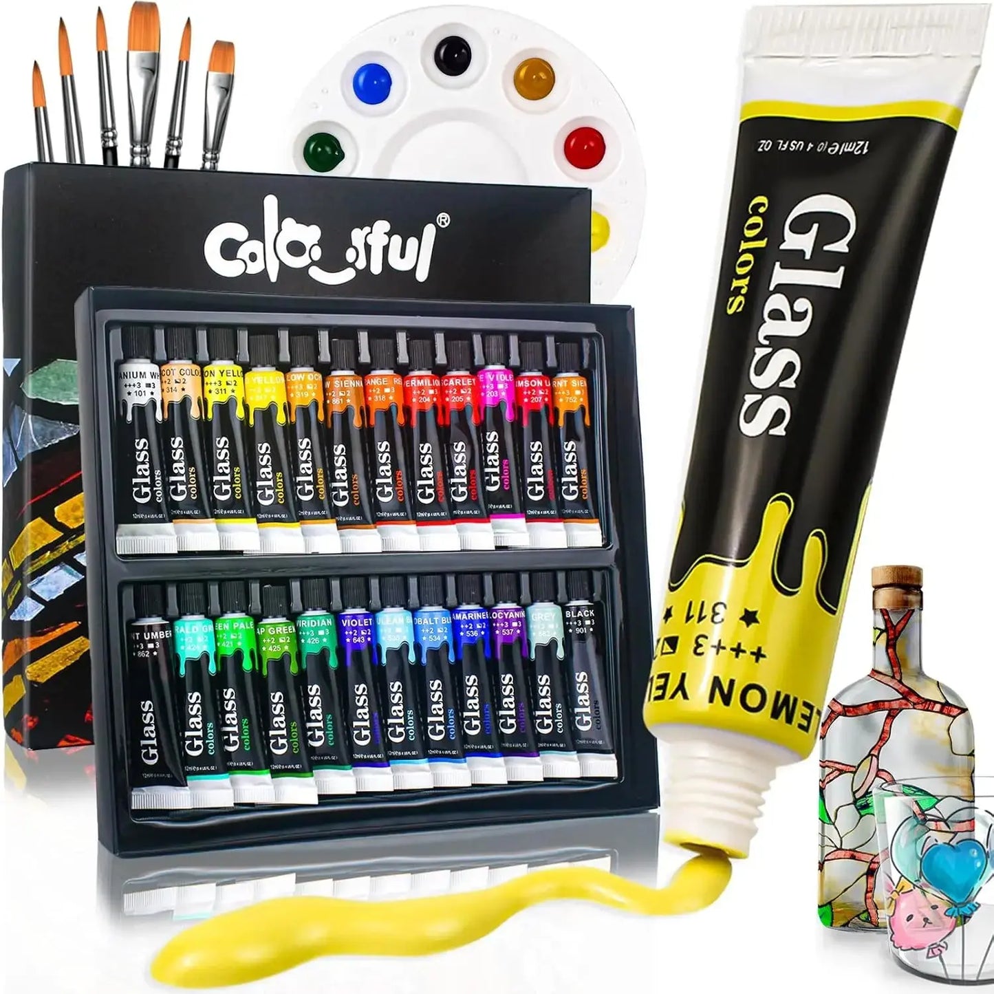Acrylic Glass Paint Set with 6 Brushes, 1 Palette, 12/24 Colors 12ml,Stain Glass Paints for Wine Glass, Waterproof Acrylic Paint Trikidsworld