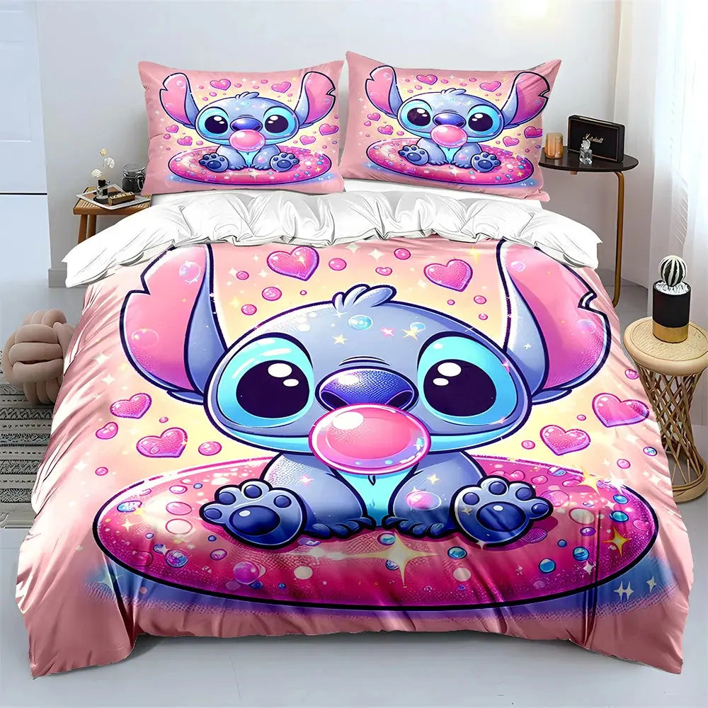 MINISO Disney Stitch Print Bedding Set Children 3 Pieces King Size Bed Set Pillowcase Adult Child Bed Cover Bedroom for Gifts Trikidsworld