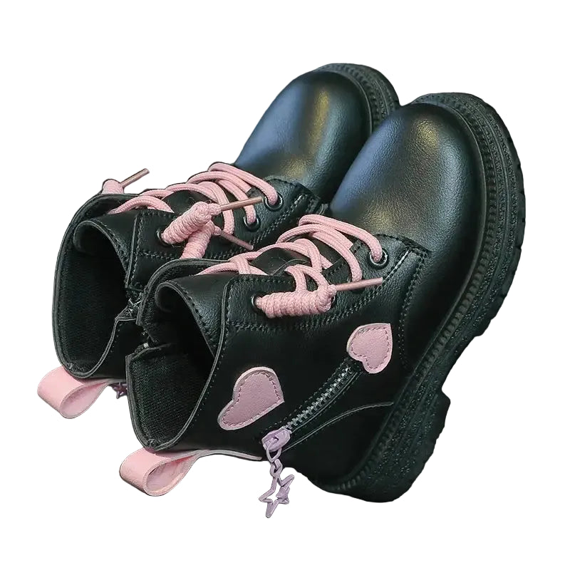 Girls Boots Kids Fashion Rubber Boots Cool Girl Autumn and Winter Cotton Soft Sole Pink with Love Side Zip Princess Round-toe PU Trikidsworld