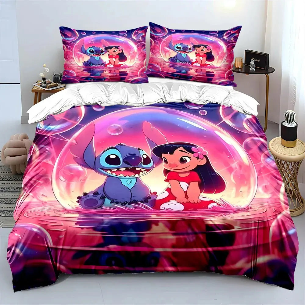 MINISO Disney Stitch Print Bedding Set Children 3 Pieces King Size Bed Set Pillowcase Adult Child Bed Cover Bedroom for Gifts Trikidsworld