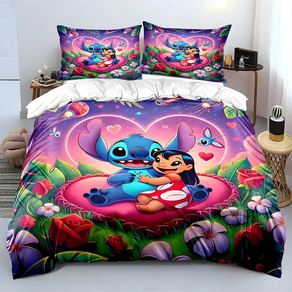 MINISO Disney Stitch Print Bedding Set Children 3 Pieces King Size Bed Set Pillowcase Adult Child Bed Cover Bedroom for Gifts Trikidsworld