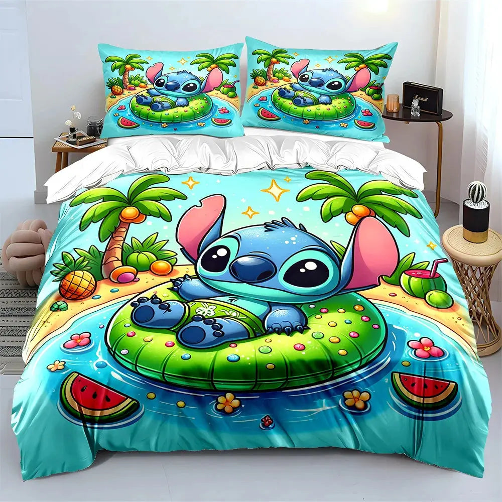 MINISO Disney Stitch Print Bedding Set Children 3 Pieces King Size Bed Set Pillowcase Adult Child Bed Cover Bedroom for Gifts Trikidsworld