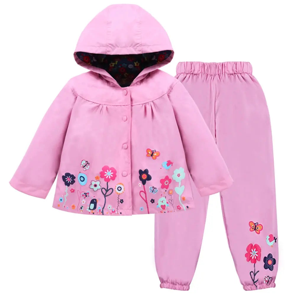 Autumn Spring Children Waterproof Long Sleeve Coat+Pants 2pcs Flower Print Baby Girls Clothes Toddler Boys Children Sets Costume Trikidsworld
