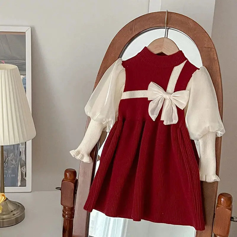 2025 New Christmas Baby Party Dress 2-6Yrs Children Clothes Baby Girl Birthday Party Dress Red Bow Knitted Kids Princess Dresses Trikidsworld
