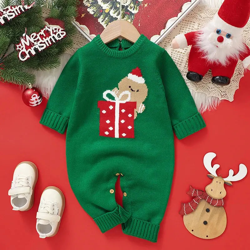 2025 Christmas Baby unisex Jumpsuit Green Newborn Cute Clothes Autumn Winter Boys Girls Round Neck Christmas Gift Knit Bodysuit Trikidsworld