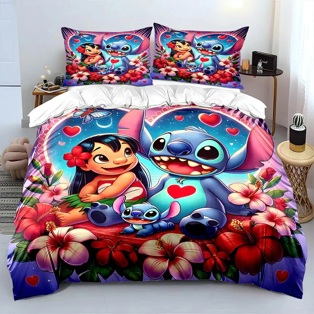 MINISO Disney Stitch Print Bedding Set Children 3 Pieces King Size Bed Set Pillowcase Adult Child Bed Cover Bedroom for Gifts Trikidsworld