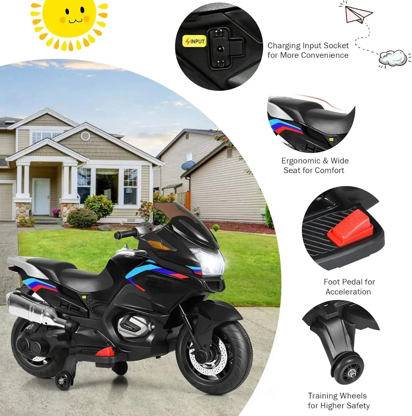 Kids Ride On Motorcycle, 12V Electric Battery Powered Ride On Bike w/Training Wheels, LED Lights, Music, Pedal, Forward/Reverse, Trikidsworld