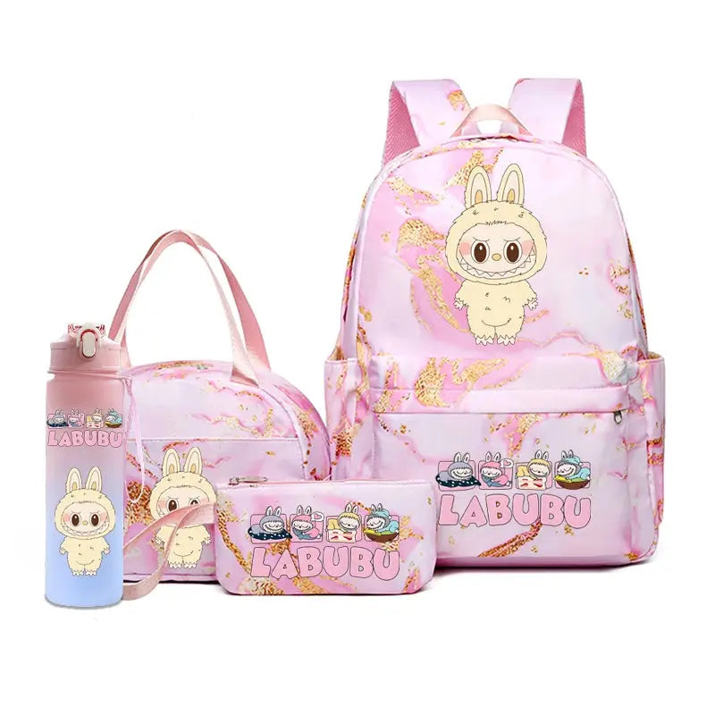 4Pcs/set Cute Cartoon Printed Backpack Lunch Bag Pencil Bag 750Ml Water Bottle Girl Student Large Capacity Waterproof Schoolbag Trikidsworld