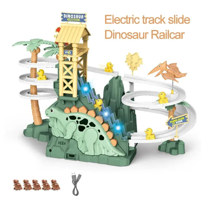 Electric Double Track Dinosaur Toy Car Slide Climbing Stairs Adventure Dinosaur Railcar Toy Music Educational Toy for Kids Gift Trikidsworld