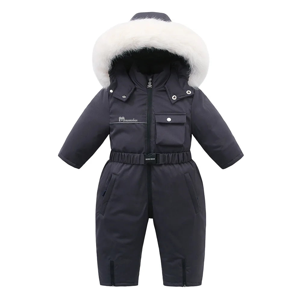 Toddler one-piece snowsuit in Black with faux fur hood