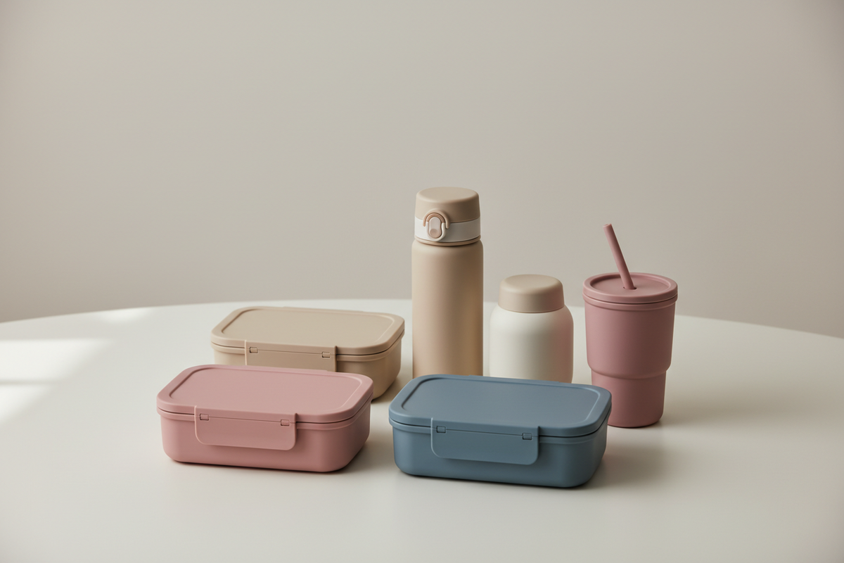 Lanches e garrafas em tons neutros com rosa e azul suaves