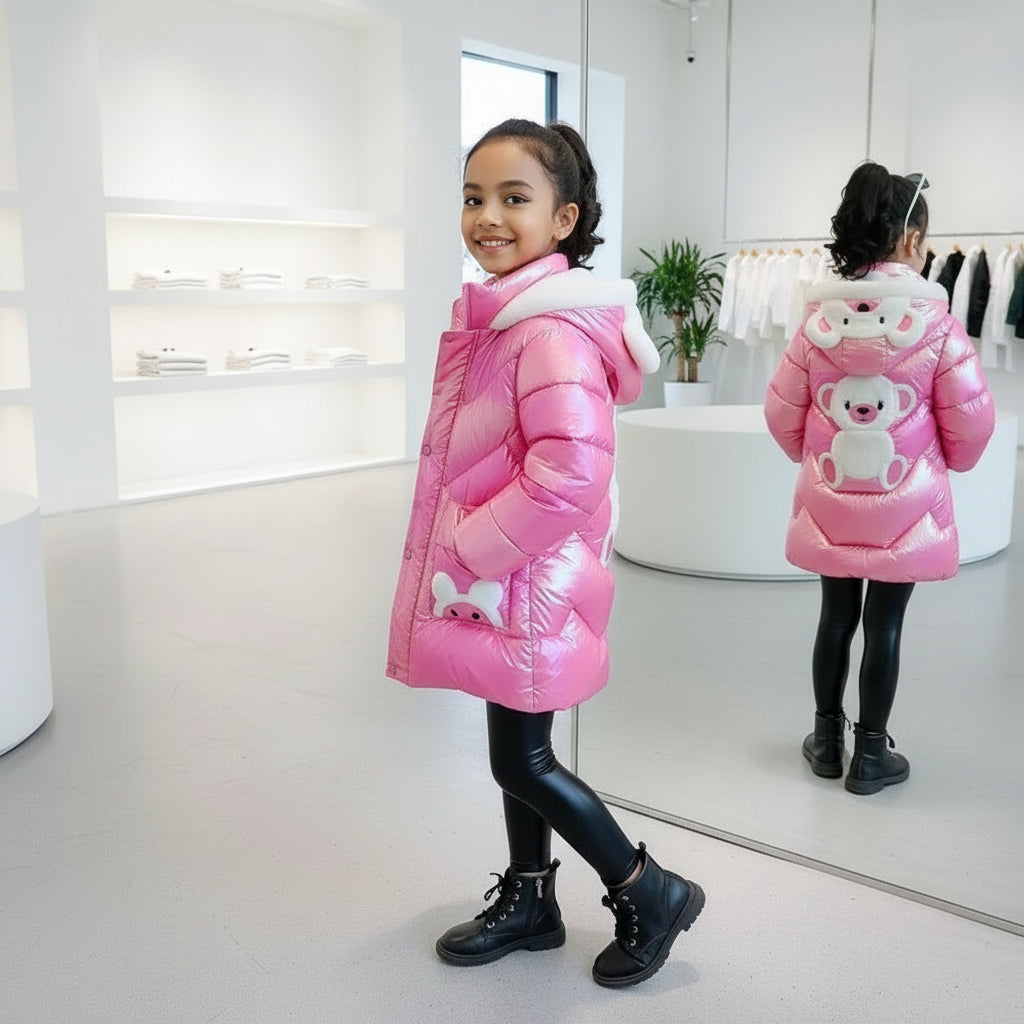 3 4 6 8 10 Years Girls Long Winter Down Jacket Cute Bear Coats For Girls Parkas Fashion Bright Hooded Child Waterproof Outerwear Trikidsworld