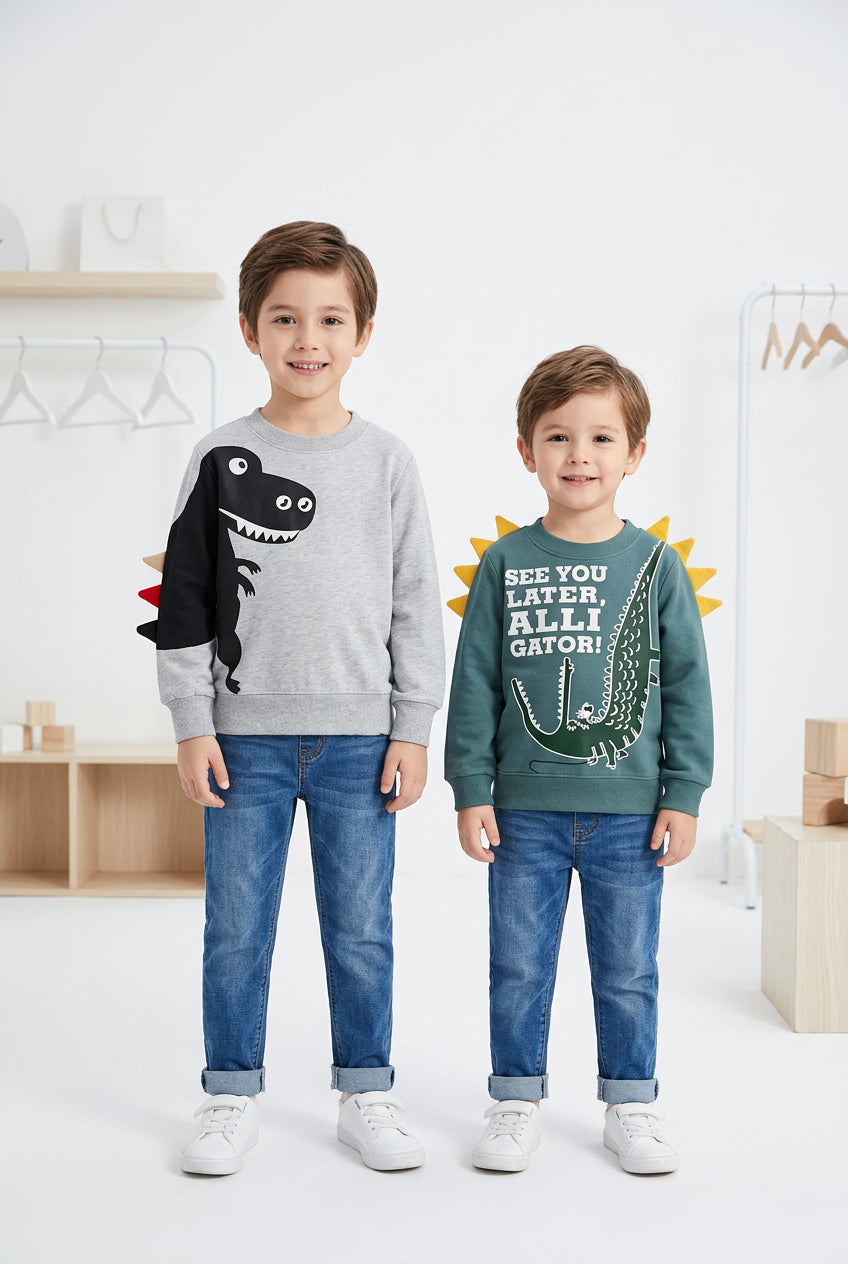 Kids Dinosaur Sweatshirt – 100% Cotton Cartoon Top for Boys