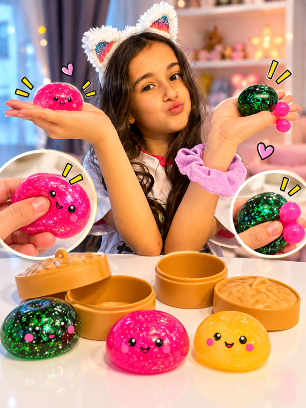 Mini Steamed Bun Squishy Set – Dumpling Fidget Toys with Steamers