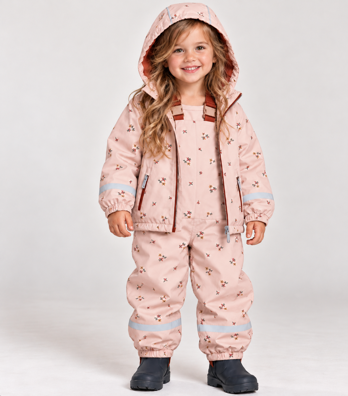 HONEYKING Kids Rain Jacket & Bib Rain Pants – Fleece-Lined, Waterproof Pink & Cream