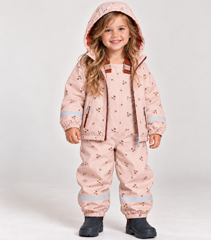 HONEYKING Kids Rain Jacket & Bib Rain Pants – Fleece-Lined, Waterproof Pink & Cream
