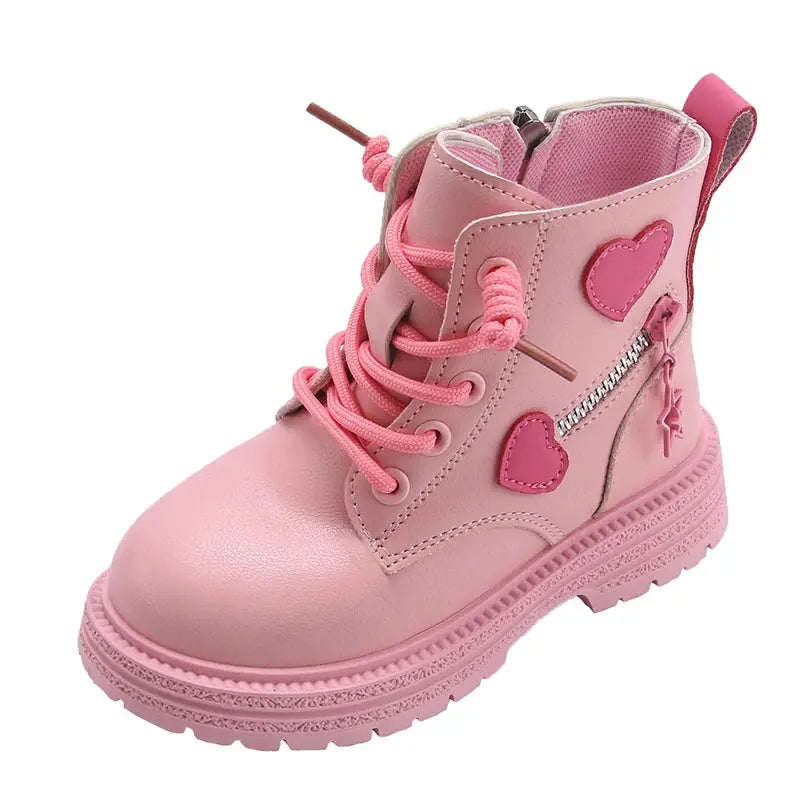 Girls Boots Kids Fashion Rubber Boots Cool Girl Autumn and Winter Cotton Soft Sole Pink with Love Side Zip Princess Round-toe PU Trikidsworld