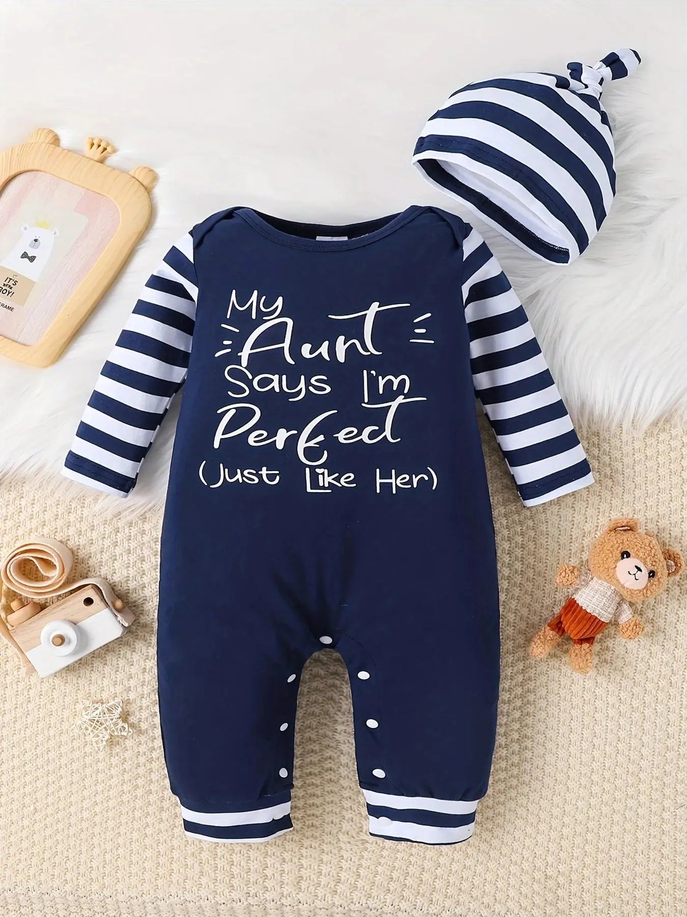 0-18 Months Spring Autumn Baby Boys And Girls Christmas Day Style Monogram Print Panels Striped Long Sleeve Climbing Suit Trikidsworld