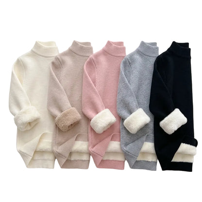 Kids Thermal Mock Neck Sweater with Plush Fleece Lining – Winter Warm Knitwear