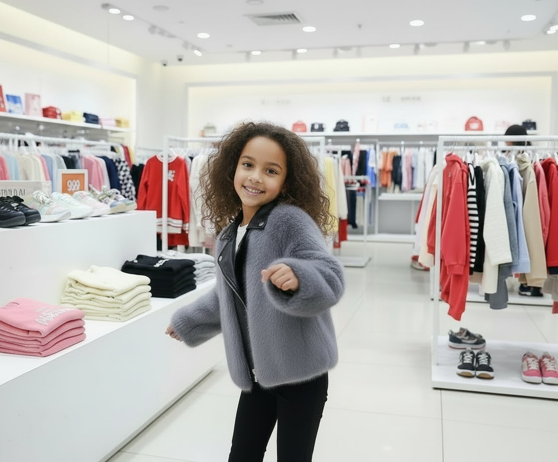 Kids Faux Fox Fur Jacket Short Thickened Biker Coat Leather & Fur Blend Outerwear for Boys Girls Trikidsworld