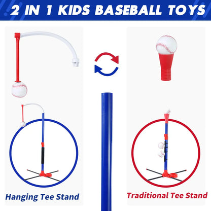 3-in-1 Kids Baseball Toy Set with Hanging Ball Stand/Standing T-Ball/Auto Launcher, Adjustable Height Toddler Baseball Set Trikidsworld