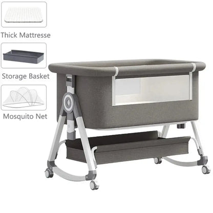 Portable Foldable Baby Crib 3-in-1 Adjustable Height with Rotatable Wheels Shaker Bassinet Mosquito Net Newborn Baby Bed Trikidsworld