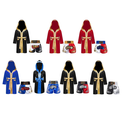 Kids Boys Boxing Outfit Halloween Cosplay Costume Long Sleeve Open Front Robe Satin Hooded Cloak with Belt Shorts Roleplay Sets Trikidsworld