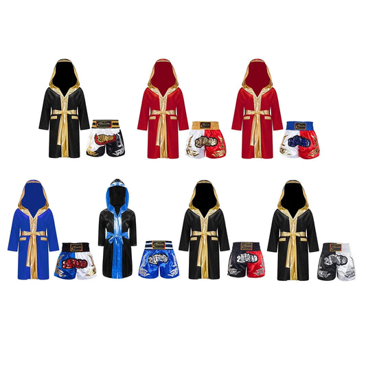 Kids Boys Boxing Outfit Halloween Cosplay Costume Long Sleeve Open Front Robe Satin Hooded Cloak with Belt Shorts Roleplay Sets Trikidsworld