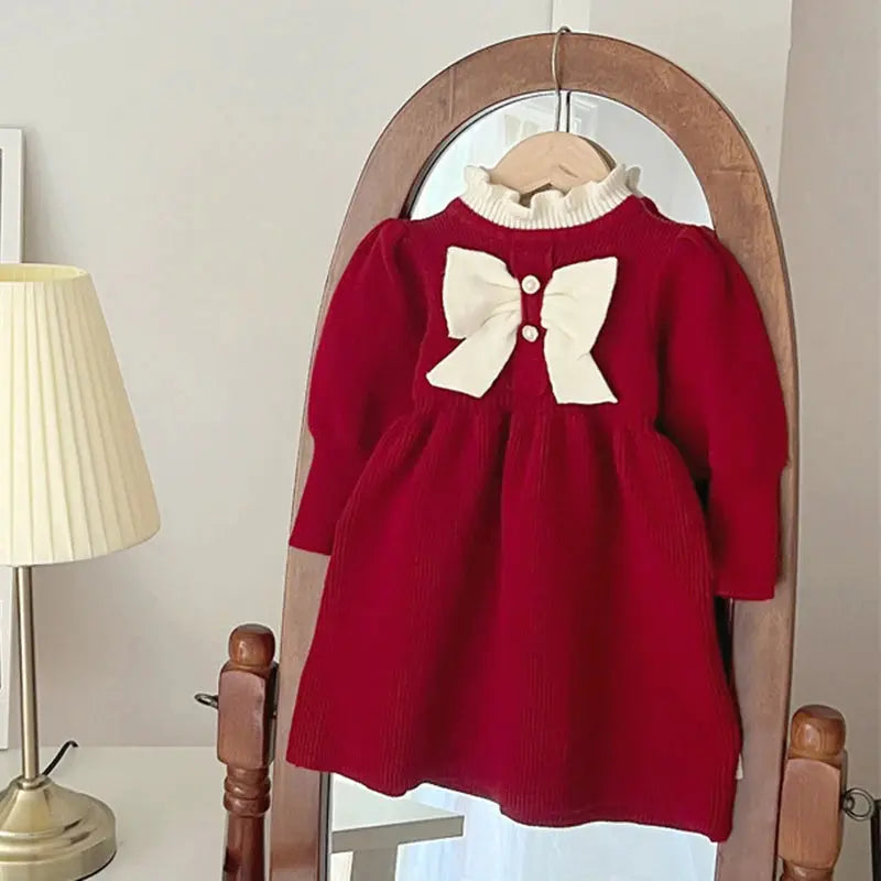 2025 New Christmas Baby Party Dress 2-6Yrs Children Clothes Baby Girl Birthday Party Dress Red Bow Knitted Kids Princess Dresses Trikidsworld