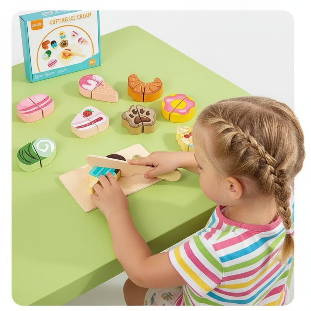 Wooden Montessori Cutting Set – Fruits, Food & Ice Cream Trikidsworld