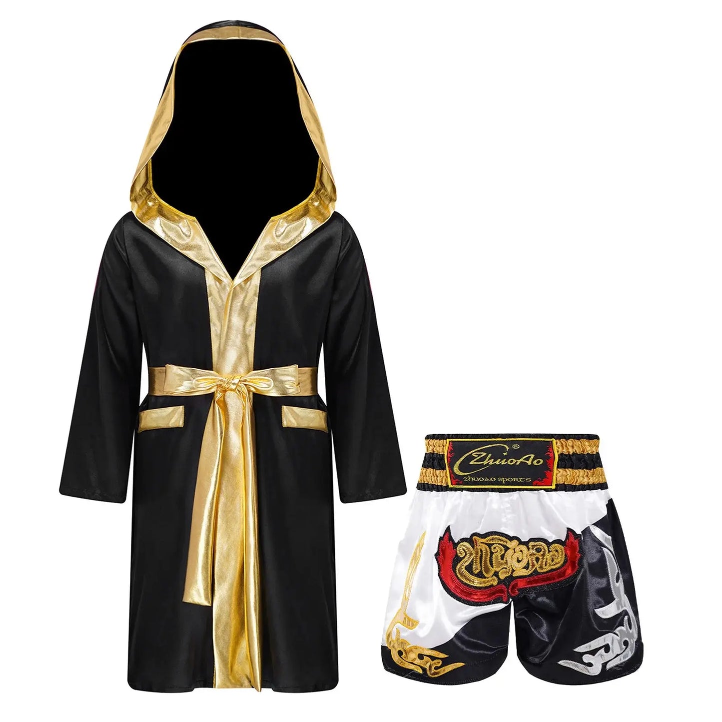Kids Boys Boxing Outfit Halloween Cosplay Costume Long Sleeve Open Front Robe Satin Hooded Cloak with Belt Shorts Roleplay Sets Trikidsworld