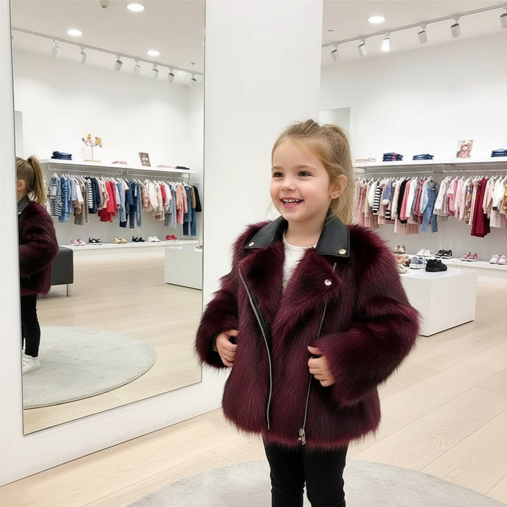 Kids Faux Fox Fur Jacket Short Thickened Biker Coat Leather & Fur Blend Outerwear for Boys Girls Trikidsworld
