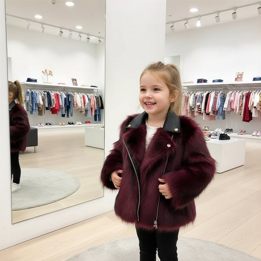 Kids Faux Fox Fur Jacket Short Thickened Biker Coat Leather & Fur Blend Outerwear for Boys Girls Trikidsworld