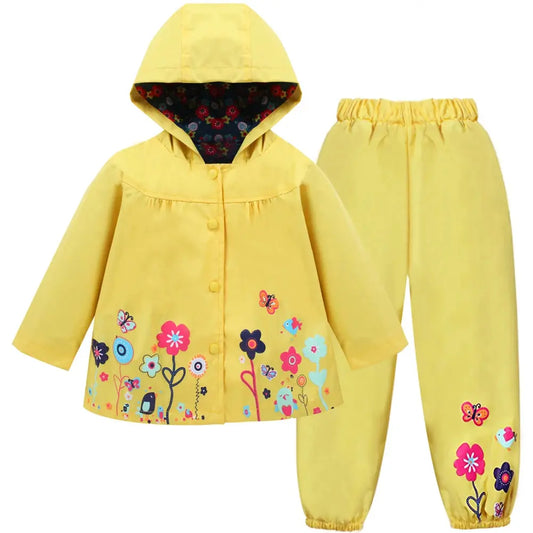 Autumn Spring Children Waterproof Long Sleeve Coat+Pants 2pcs Flower Print Baby Girls Clothes Toddler Boys Children Sets Costume Trikidsworld