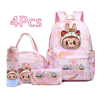 4Pcs/set Cute Cartoon Printed Backpack Lunch Bag Pencil Bag 750Ml Water Bottle Girl Student Large Capacity Waterproof Schoolbag Trikidsworld