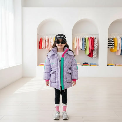 2025 Winter Keep Warm Princess Girls Jacket Grid Design Padded Lining With Velvet Hooded Heavy Coat For Kids Sent Bear Doll Trikidsworld