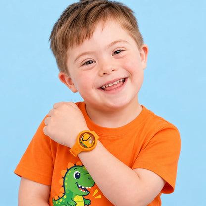 Child wearing orange dinosaur mosquito repellent bracelet