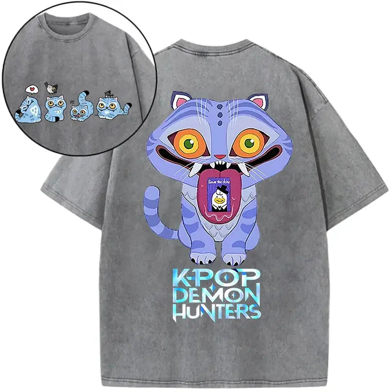 Derpy Tiger Kpop Demon Hunters Shirts for Women Cartoon Anime Washed Cotton Tee K-Pop Demon Hunters Tiger Harajuku T-shirt Tops Trikidsworld