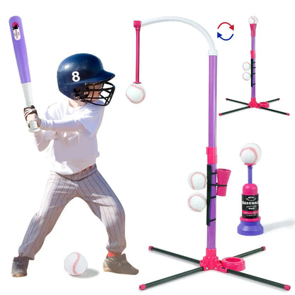 3-in-1 Kids Baseball Toy Set with Hanging Ball Stand/Standing T-Ball/Auto Launcher, Adjustable Height Toddler Baseball Set Trikidsworld