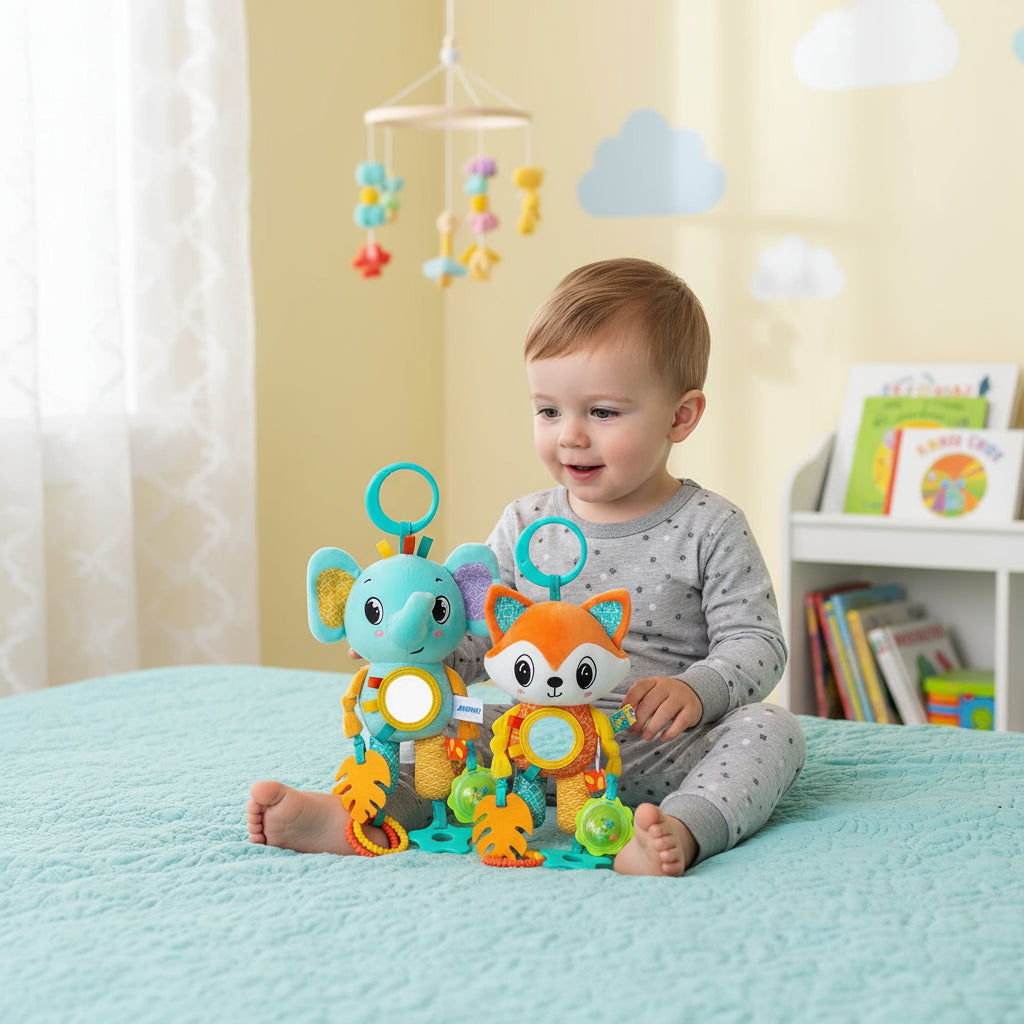 Soft Hanging Crinkle Squeaky Sensory LearningToy Stroller Car Seat Crib Travel Plush Animal Wind Chime with Teether Boys Girls Trikidsworld