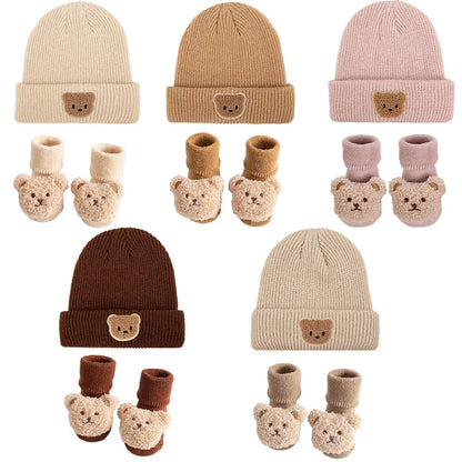 2Pcs Solid Knitted Beanies&Bear Plush Cartoon Thicken Short Socks Set Fall Winter Turban Hats Infant Boys Girls 0-12M Stockings Trikidsworld