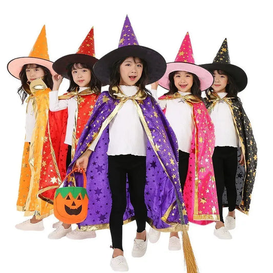 Children Halloween Cloak with Witch Hat Teens Christmas Costume Kids Star Party Robe Boy Girl Birthday Lace Up Photography Props Trikidsworld