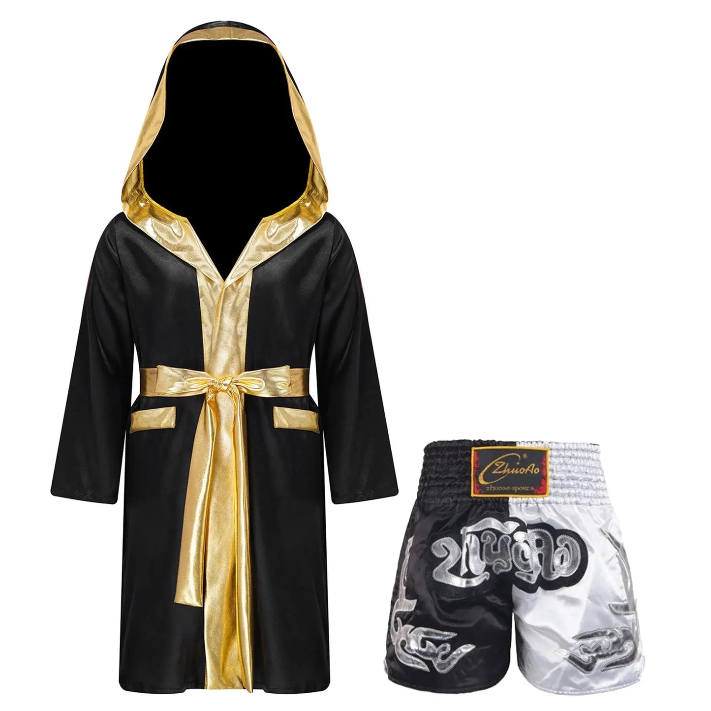 Kids Boys Boxing Outfit Halloween Cosplay Costume Long Sleeve Open Front Robe Satin Hooded Cloak with Belt Shorts Roleplay Sets Trikidsworld
