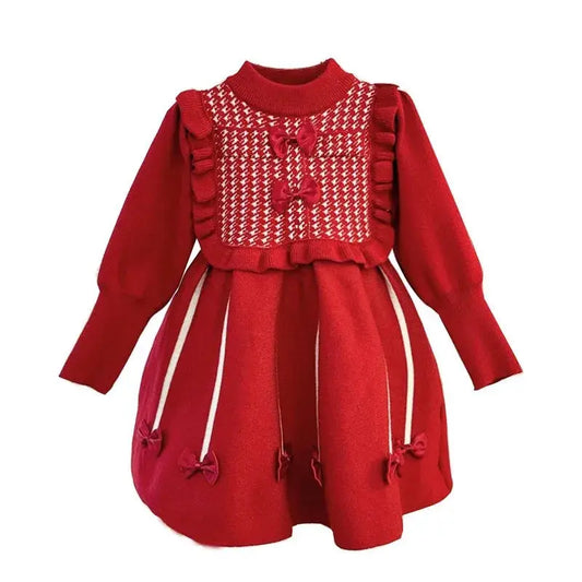2025 New Christmas Baby Party Dress 2-6Yrs Children Clothes Baby Girl Birthday Party Dress Red Bow Knitted Kids Princess Dresses Trikidsworld