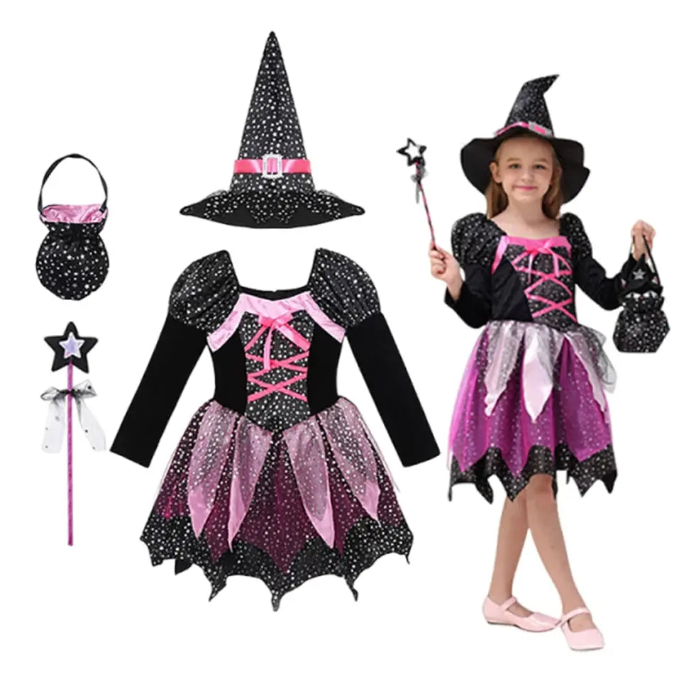 Girls Witch Halloween Cosplay Costume With Hat Magic Wand Candy Bag Kids Children Dress Girl Carnival Party Performance Clothes Trikidsworld