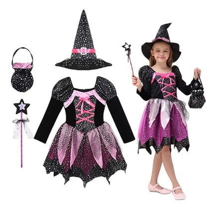 Girls Witch Halloween Cosplay Costume With Hat Magic Wand Candy Bag Kids Children Dress Girl Carnival Party Performance Clothes Trikidsworld