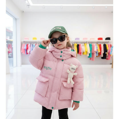 2025 Winter Keep Warm Princess Girls Jacket Grid Design Padded Lining With Velvet Hooded Heavy Coat For Kids Sent Bear Doll Trikidsworld