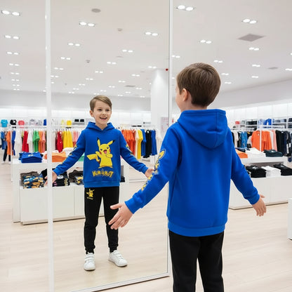 Pikachu Pokemon cartoon knitted hooded sweatshirt children's clothing set for boys and girls, two-piece top + pants set Trikidsworld